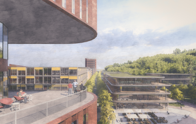 Perspektive Am Schanzenberg Zoom auf einen Balkon eines neuen Bürogebäudes